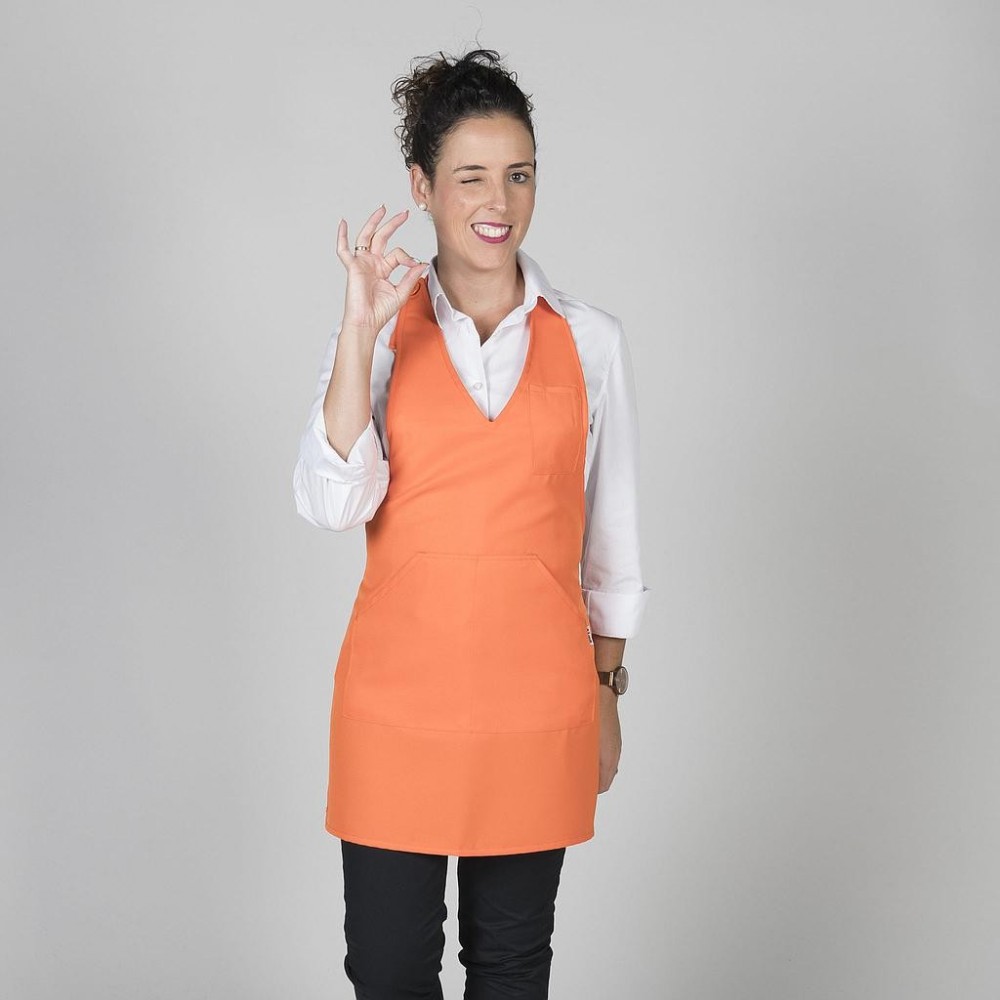 Delantal de mujer corto de poliéster con escote de pico y bolsillos Naranja