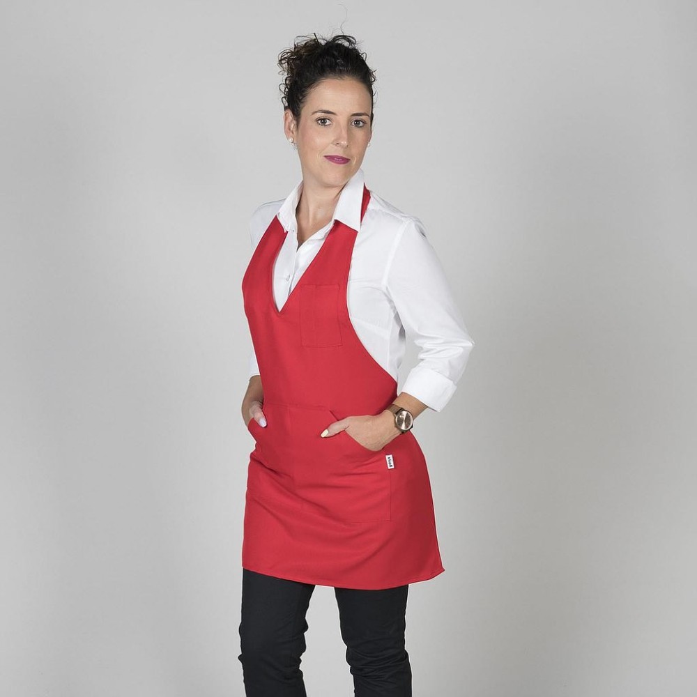 Delantal de mujer corto de poliéster con escote de pico y bolsillos Rojo