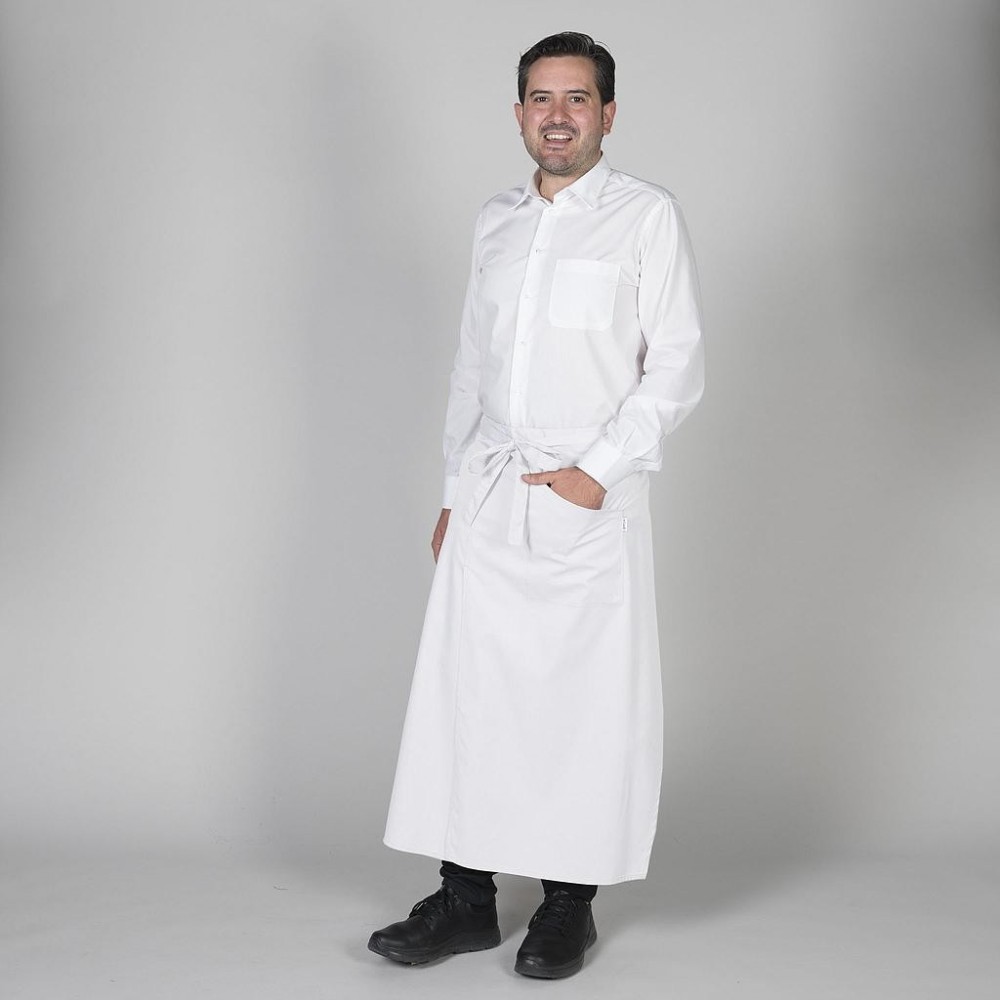 Delantal largo frances para restaurantes con abertura delantera Blanco