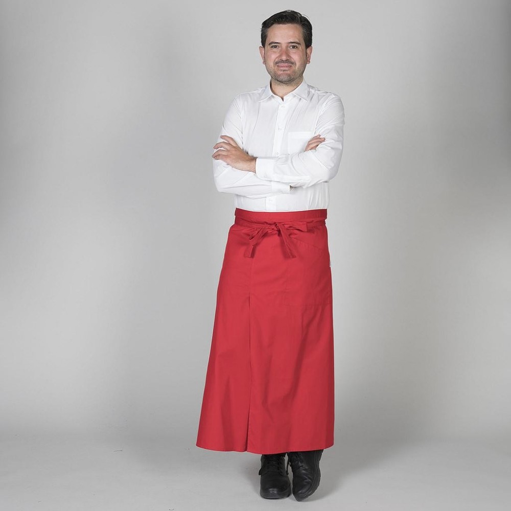 Delantal largo frances para restaurantes con abertura delantera Rojo