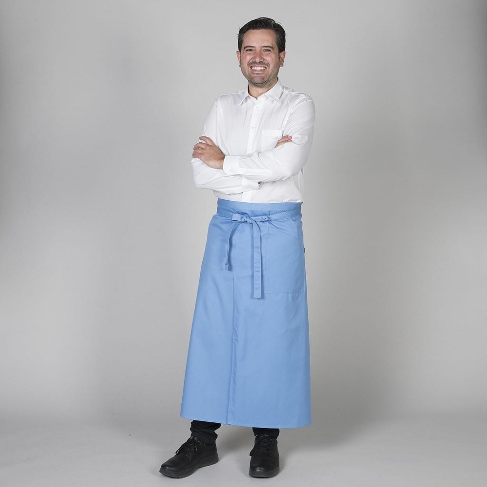 Delantal largo frances para restaurantes con abertura delantera Celeste
