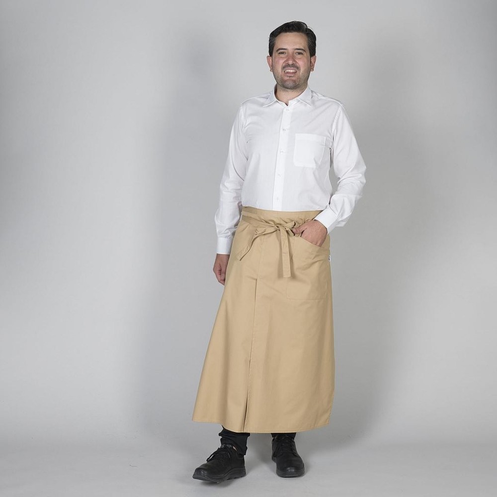 Delantal largo frances para restaurantes con abertura delantera Crema