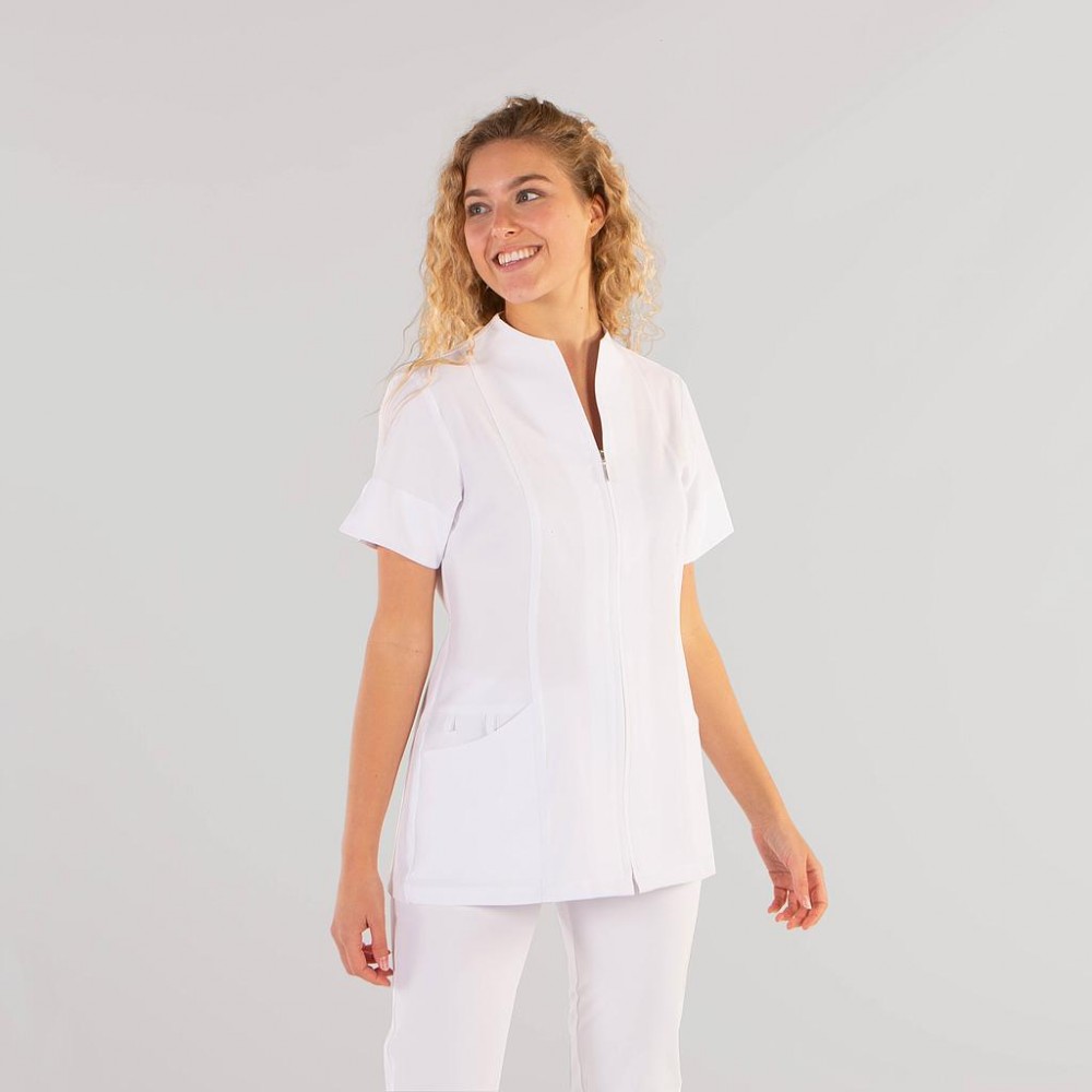 Blusa de estética de mujer manga corta con cremallera blanca