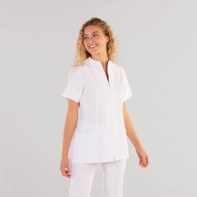 Blusa de estética de mujer manga corta con cremallera blanca