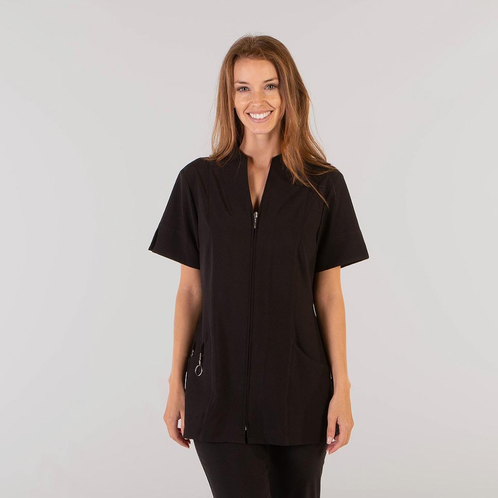 Blusa de estética de mujer manga corta con cremallera negra