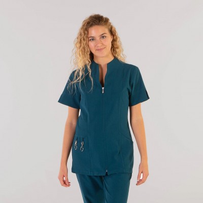 Blusa de estética de mujer manga corta con cremallera Verde petroleo