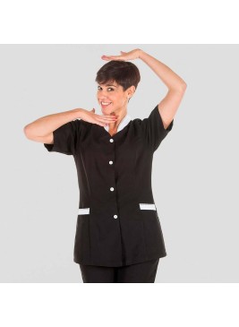 Blusa de limpieza de mujer semientallada de manga corta negra