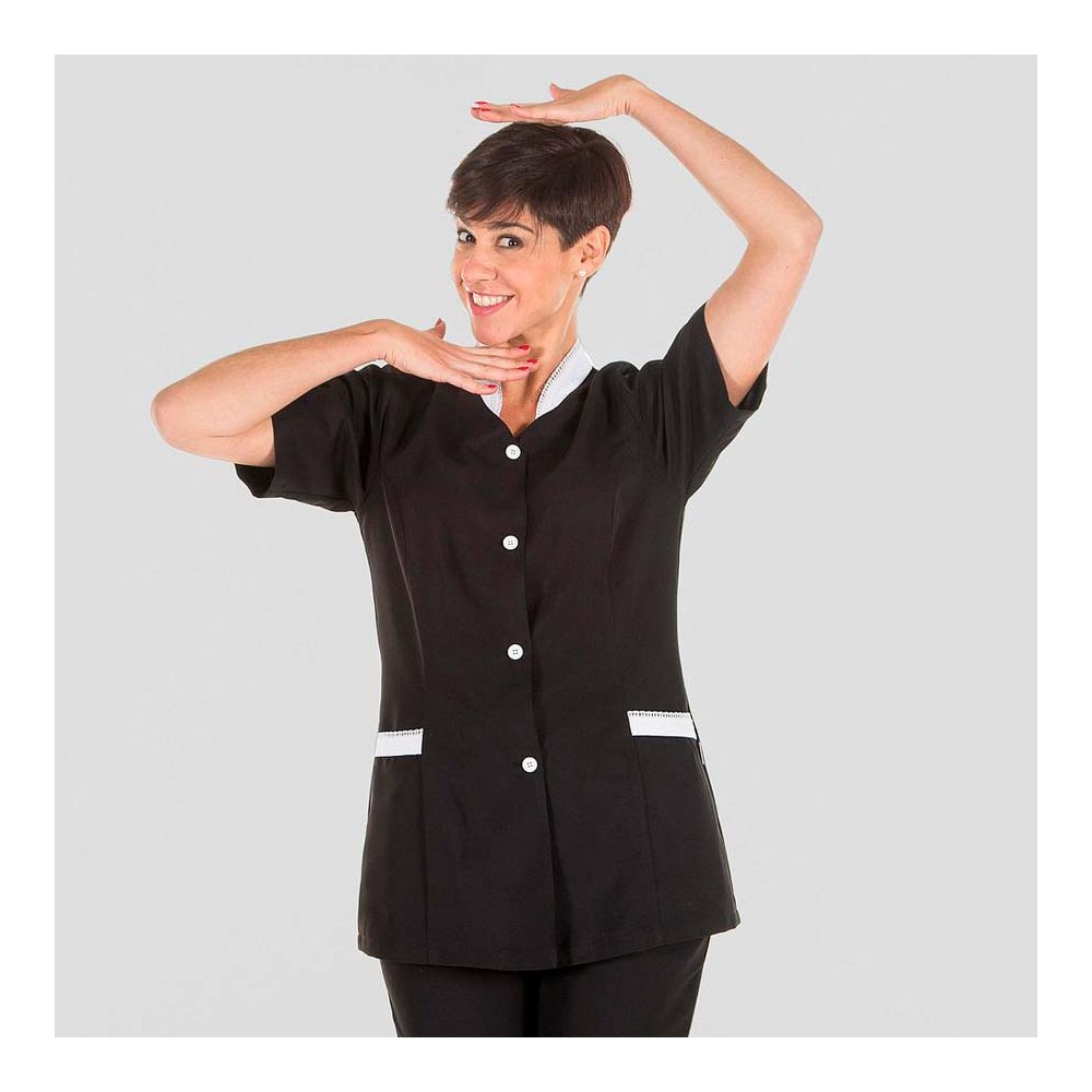 Blusa de limpieza de mujer semientallada de manga corta negra