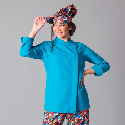 Chaqueta de cocina de mujer manga larga turquesa