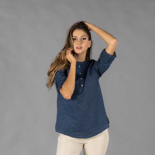 Camisa de trabajo de mujer de lino para personal de hostelería marino