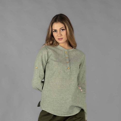Camisa de trabajo de mujer de lino para personal de hostelería musgo