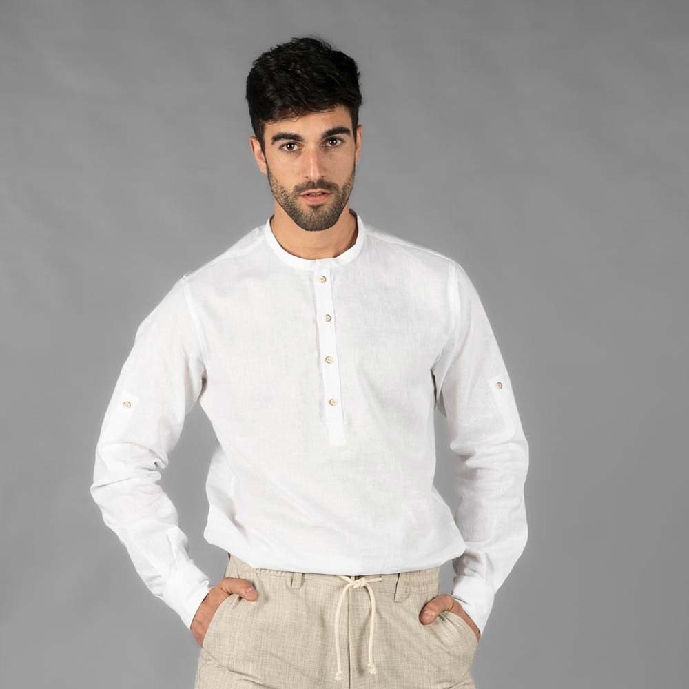 Camisa de trabajo de hombre de lino para hoteles y restaurantes Blanca