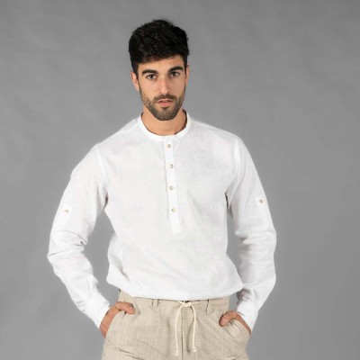 Camisa de trabajo de hombre de lino para hoteles y restaurantes Blanca
