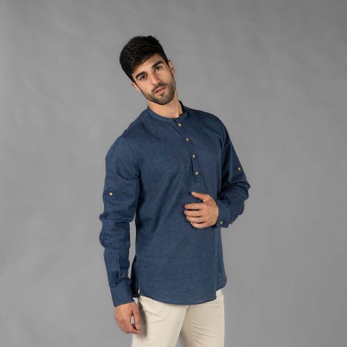 Camisa de trabajo de hombre de lino para hoteles y restaurantes marino