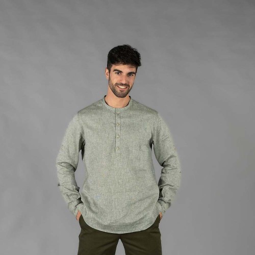 Camisa de trabajo de hombre de lino para hoteles y restaurantes verde musgo