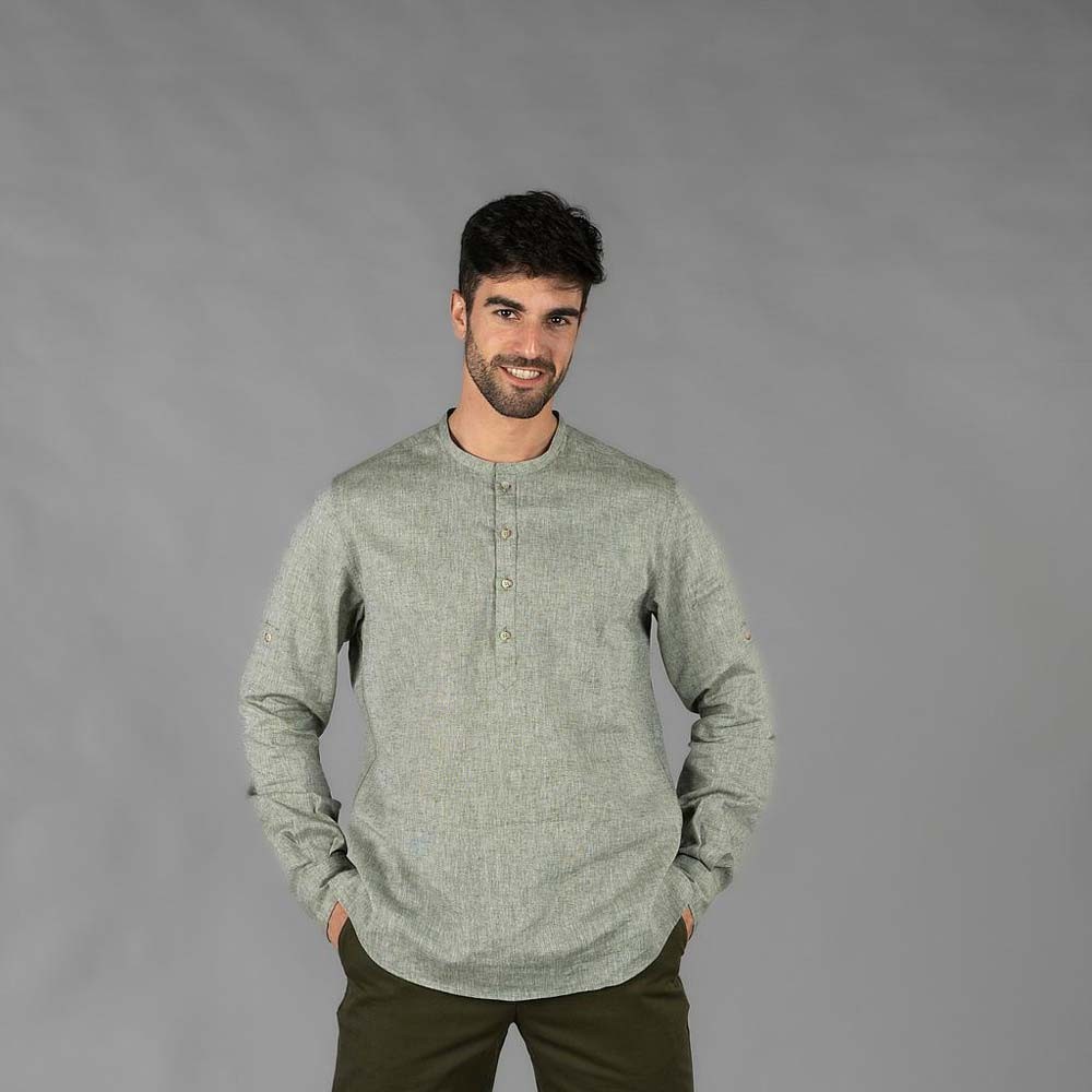 Camisa de trabajo de hombre de lino para hoteles y restaurantes verde musgo