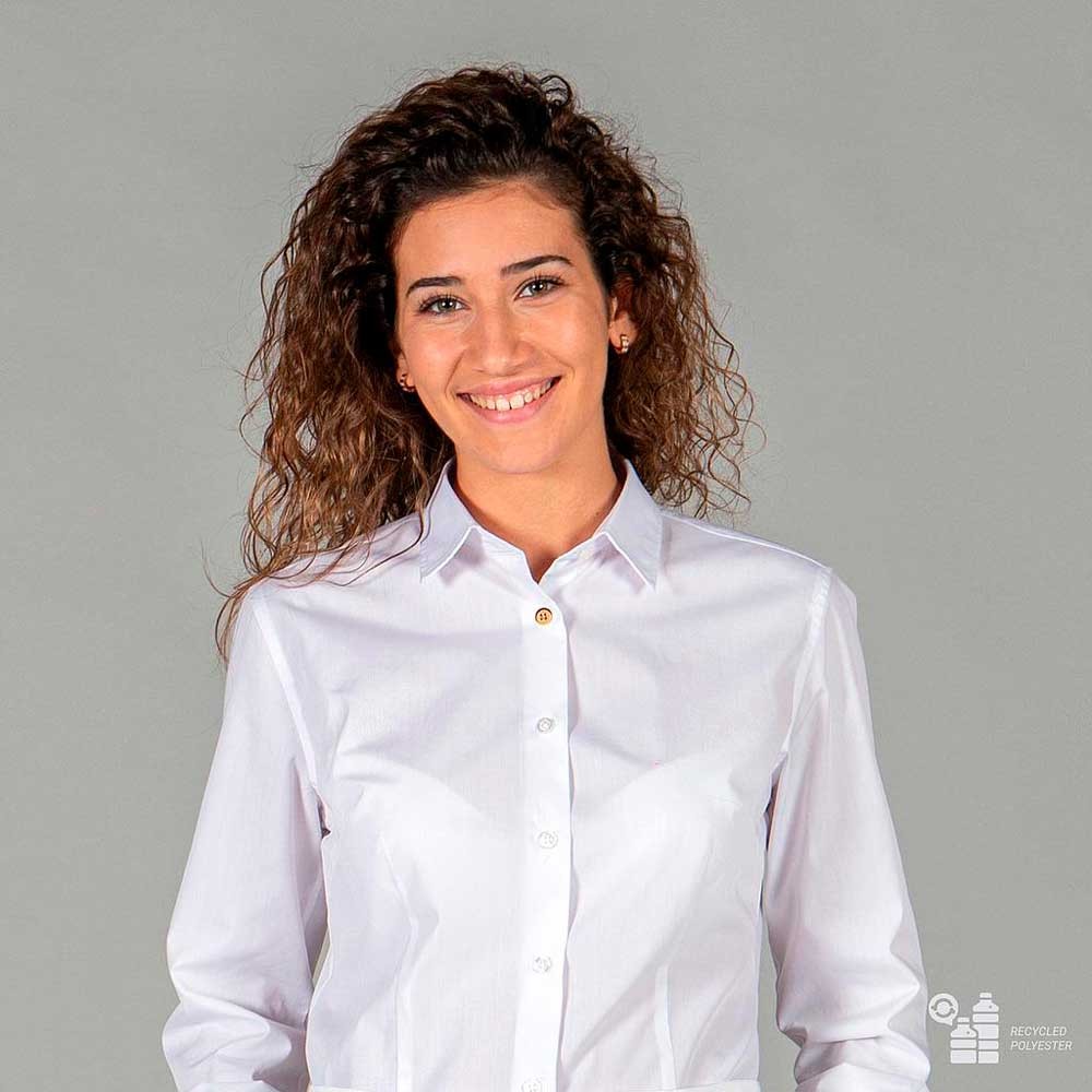 Camisa de mujer para la hostelería de manga larga y tejido reciclado blanca