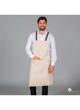 Delantal para cafeterías tejido esterilla orgánico con peto Marfil