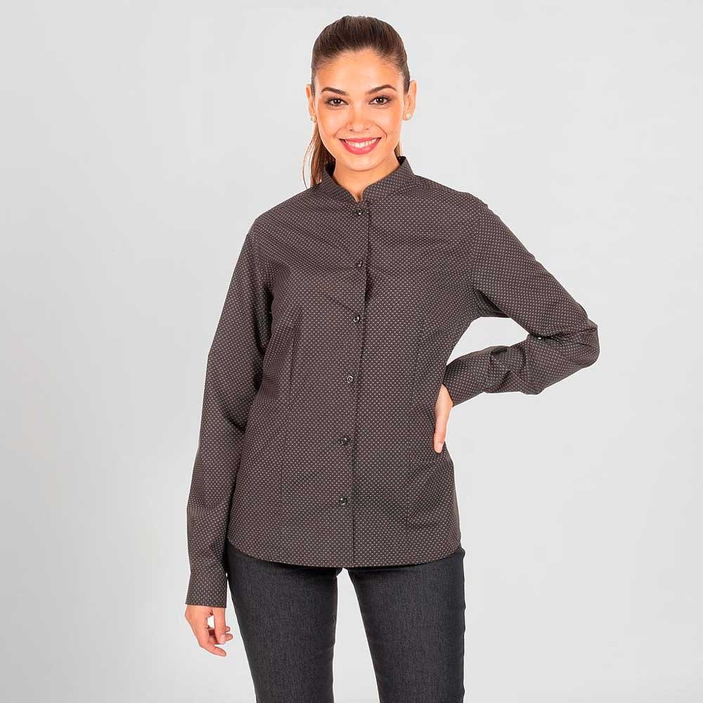 Camisa trabajo para oficina y comercios de mujer con cuello mao y manga larga