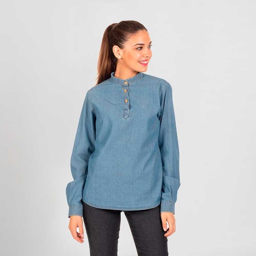 Camisa de restaurante vaquera lavado de mujer semientallada manga larga