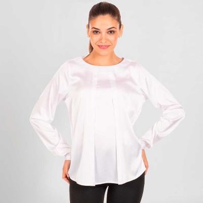 Blusa de camarera cómoda, elegante y elástica de manga larga blanca