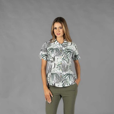 Camisa de trabajo Hawaiana de mujer de manga corta royal