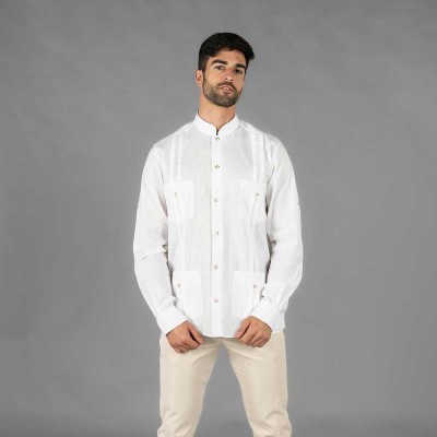 Camisa de trabajo guayabera para camareros cuello mao Blanca