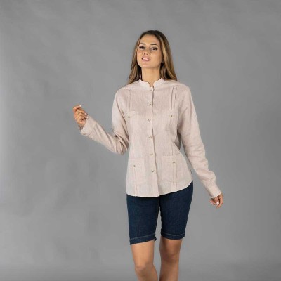 Camisa de Trabajo de mujer Guayabera algodón-lino Beige