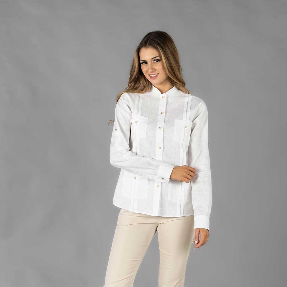 Camisa de Trabajo de mujer Guayabera algodón-lino blanca