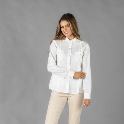 Camisa de Trabajo de mujer Guayabera algodón-lino blanca