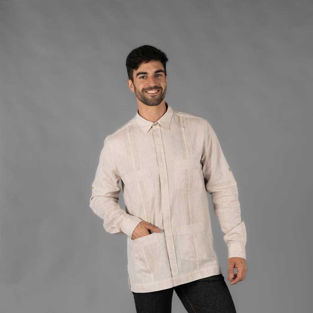 Camisa de trabajo guayabera para camareros cuello camisero Beige