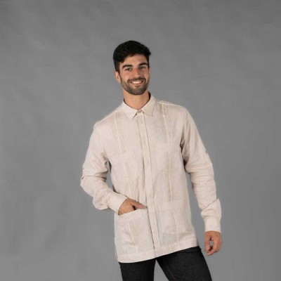 Camisa de trabajo guayabera para camareros cuello camisero Beige