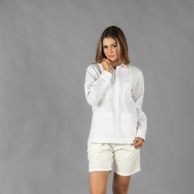 Camisa de trabajo guayabera de mujer cuello camisero Lino-Algodón Blanca