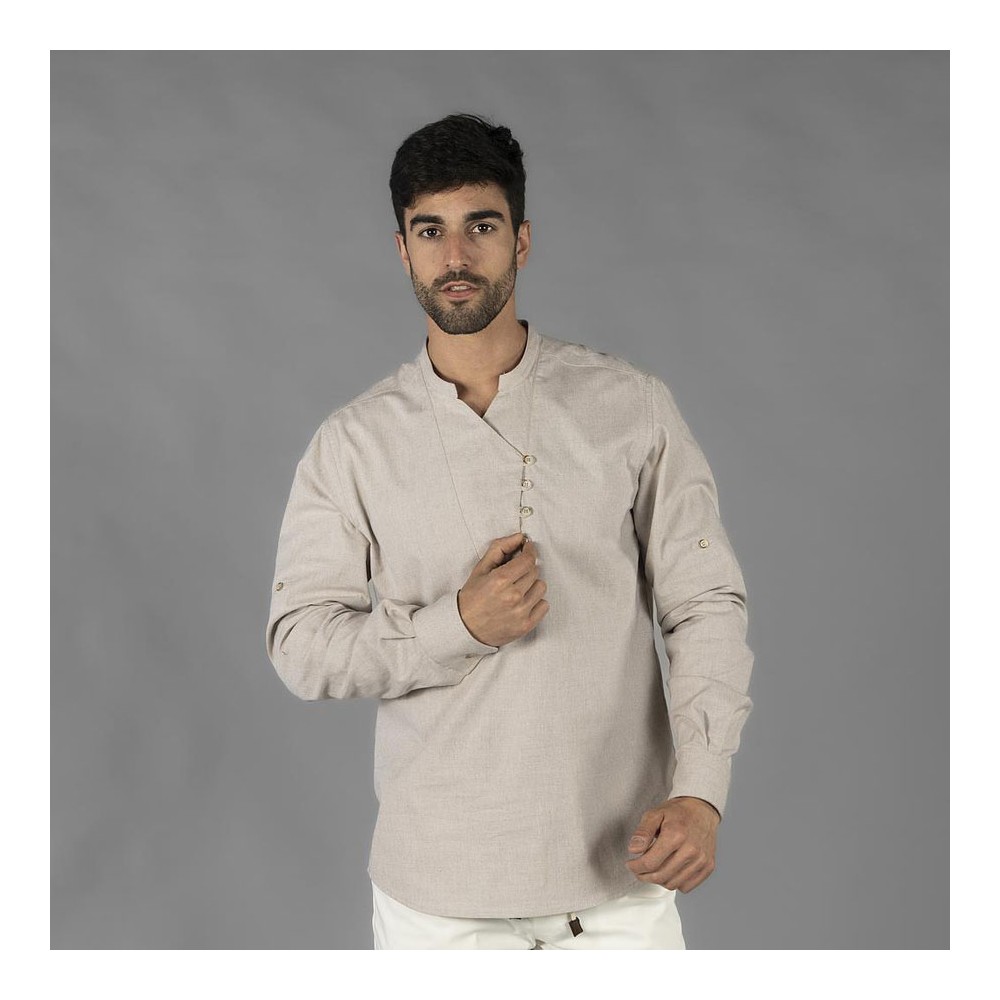 Camisa profesional de hostelería para hombre con cuello mao Beige