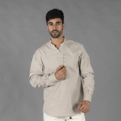 Camisa profesional de hostelería para hombre con cuello mao Beige