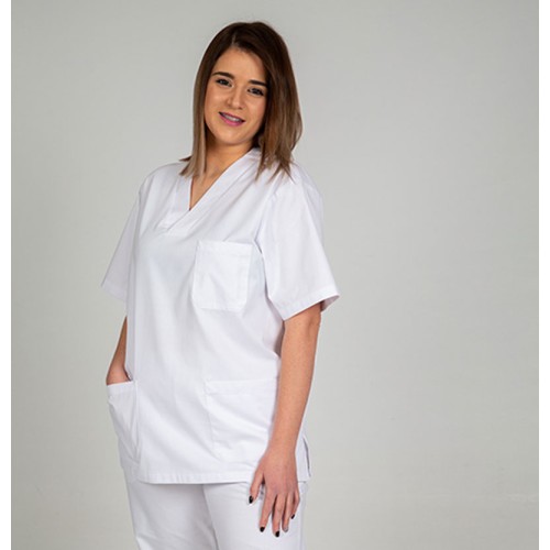 Casaca sanitaria unisex cuello de pico blanca