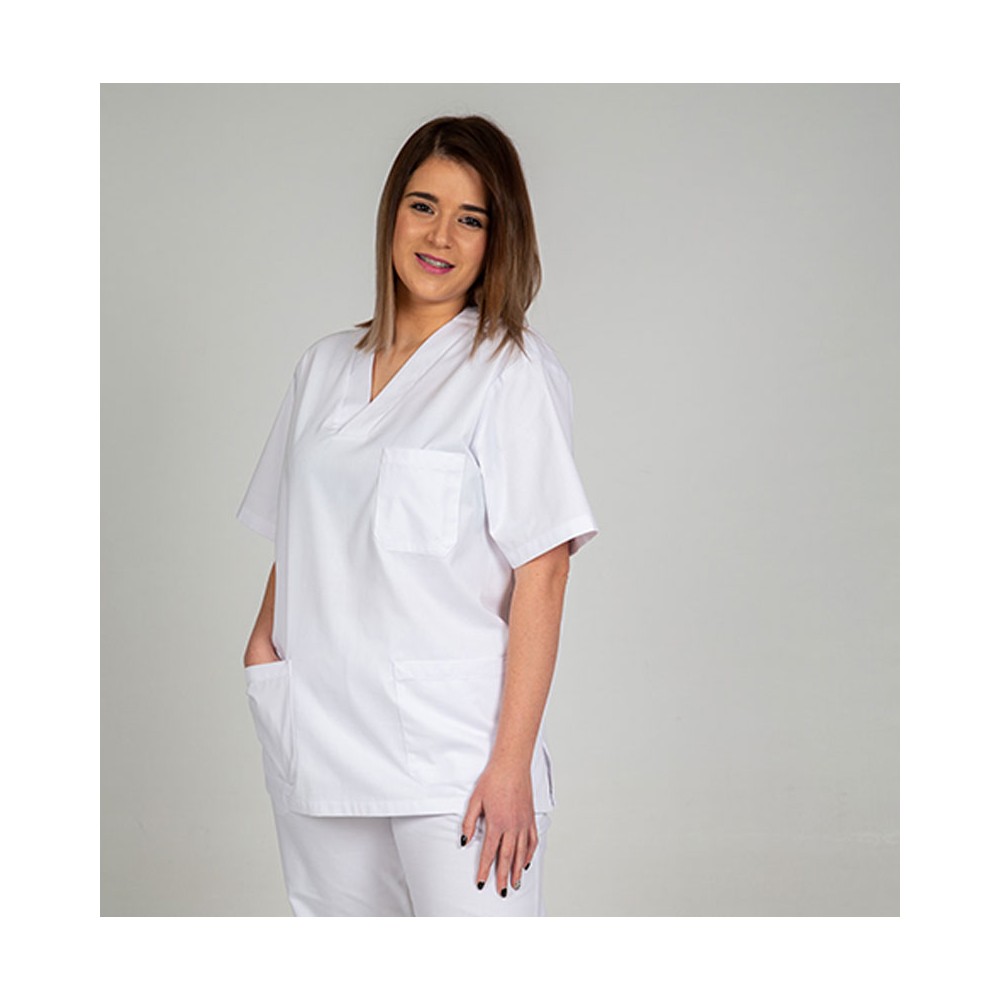 Casaca sanitaria unisex cuello de pico blanca