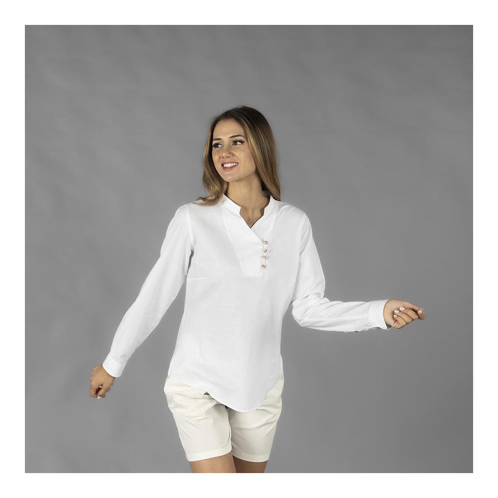 Camisa laboral elegante de mujer con cuello mao y manga larga blanca