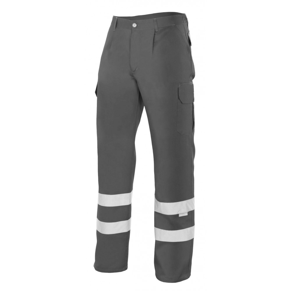 Pantalón de trabajo con cintas reflectantes multibolsillos gris