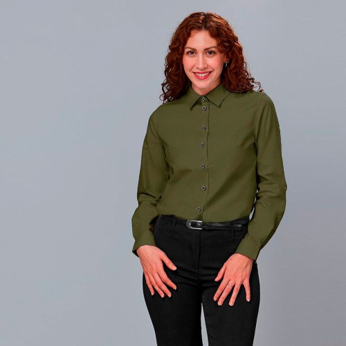 Camisa de trabajo de mujer ligera, fresca y elástica de manga larga Verde caki