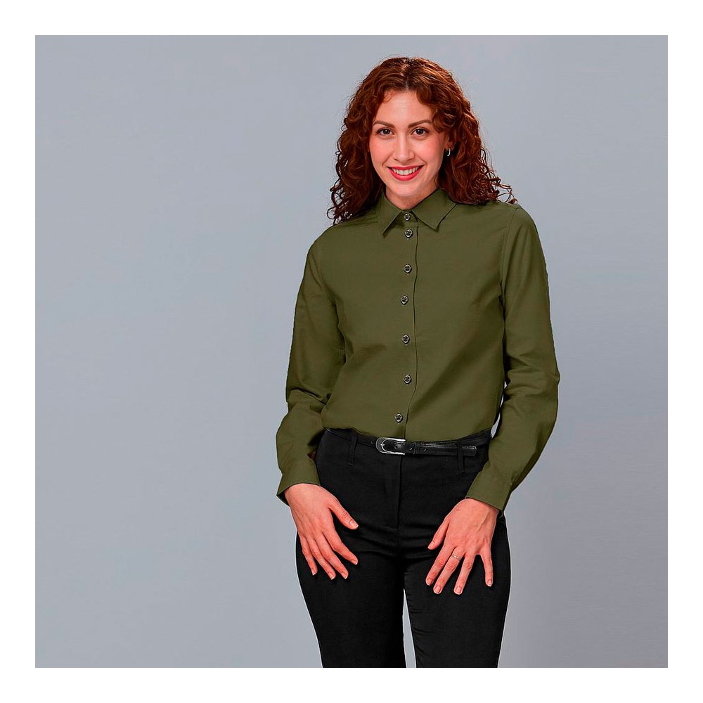 Camisa de trabajo de mujer ligera, fresca y elástica de manga larga Verde caki