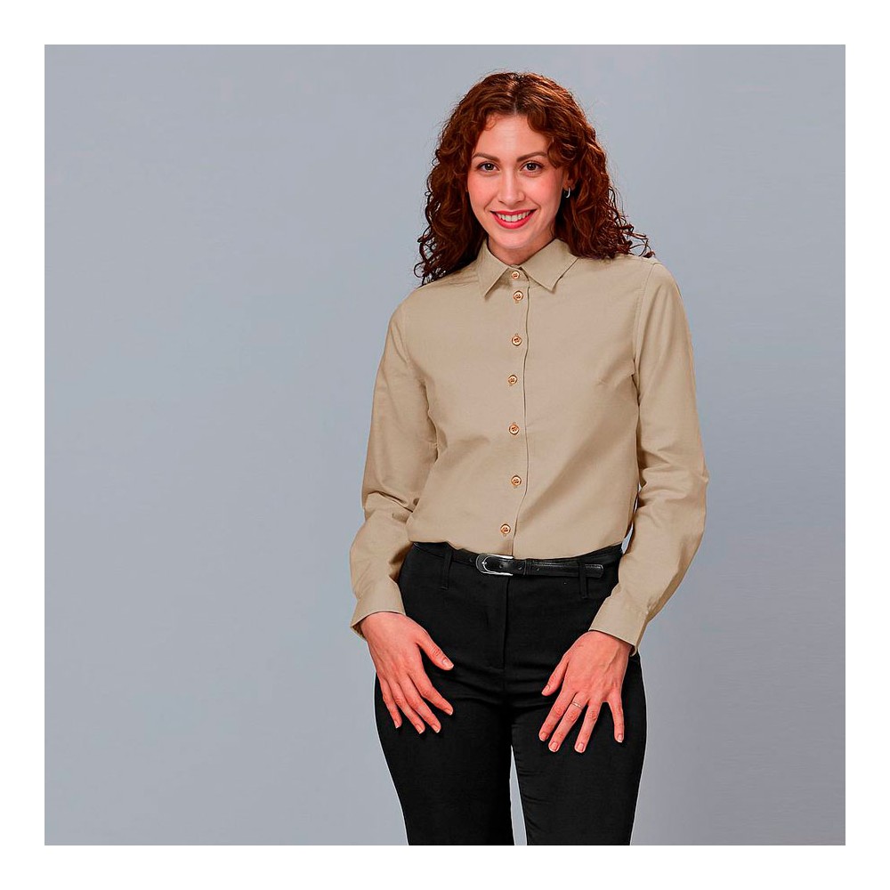Camisa de trabajo de mujer ligera, fresca y elástica de manga larga arena