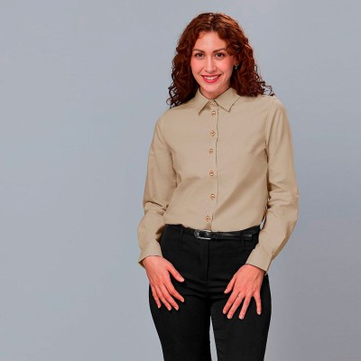 Camisa de trabajo de mujer ligera, fresca y elástica de manga larga arena