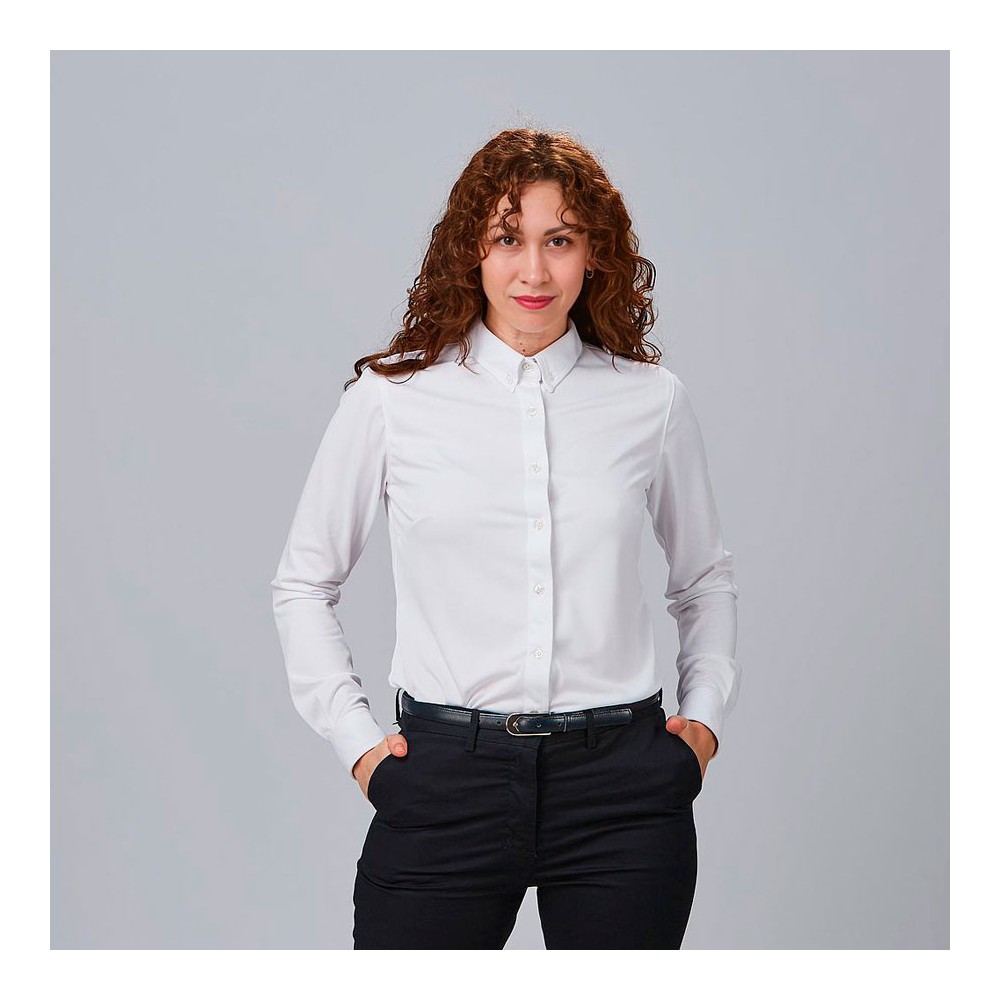 Camisa de trabajo de mujer transpirable, moderna y ajustada blanca