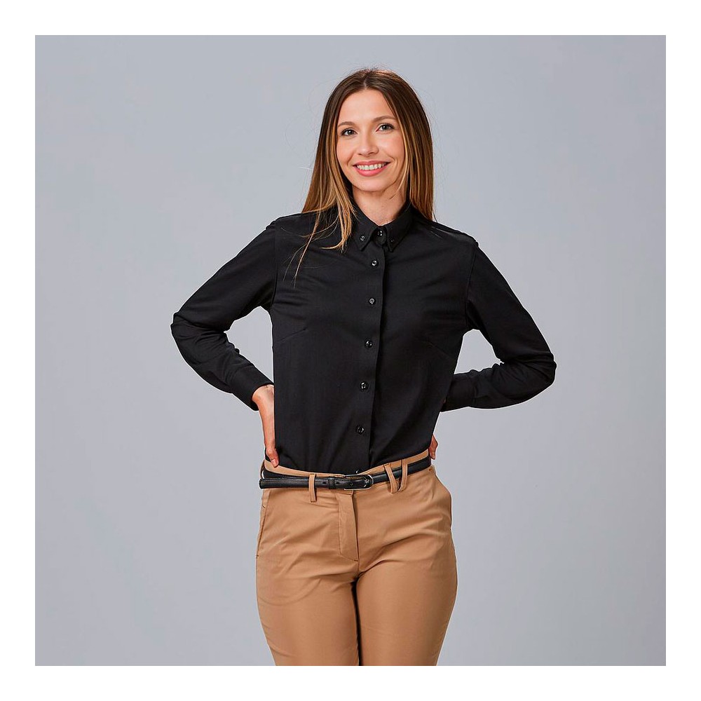 Camisa de trabajo de mujer transpirable, moderna y ajustada negra