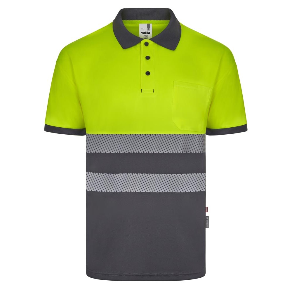 Polo reflectante 100% poliéster reciclado Velilla 305533 gris-amarillo flúor