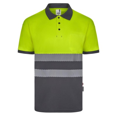 Polo reflectante 100% poliéster reciclado Velilla 305533 gris-amarillo flúor