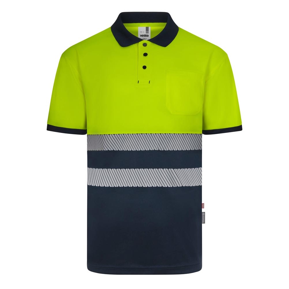 Polo reflectante 100% poliéster reciclado Velilla 305533 azul navy-amarillo flúor