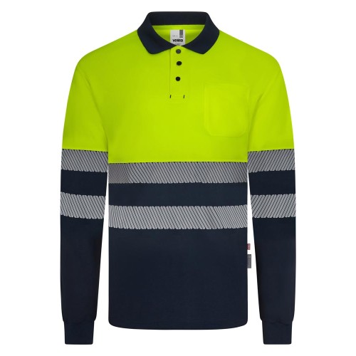Polo reflectante reciclado manga larga Velilla 305535 azul navy-amarillo flúor