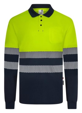 Polo reflectante reciclado manga larga Velilla 305535 azul navy-amarillo flúor